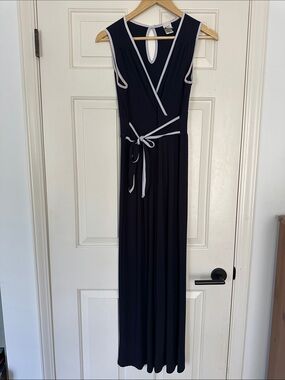 Sleeveless Navy Wrap Junpsuit with White Trim